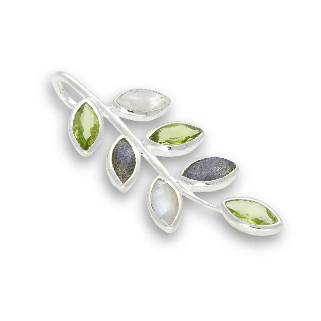 Leaf & Light Moonstone, Labradorite & Peridot Silver Pendant