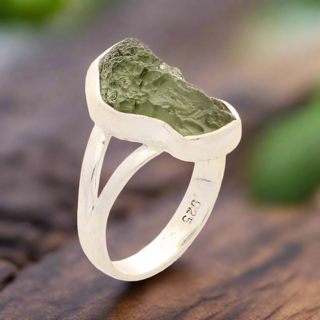 Celestial Splendor: Moldavite and Sterling Silver Ring