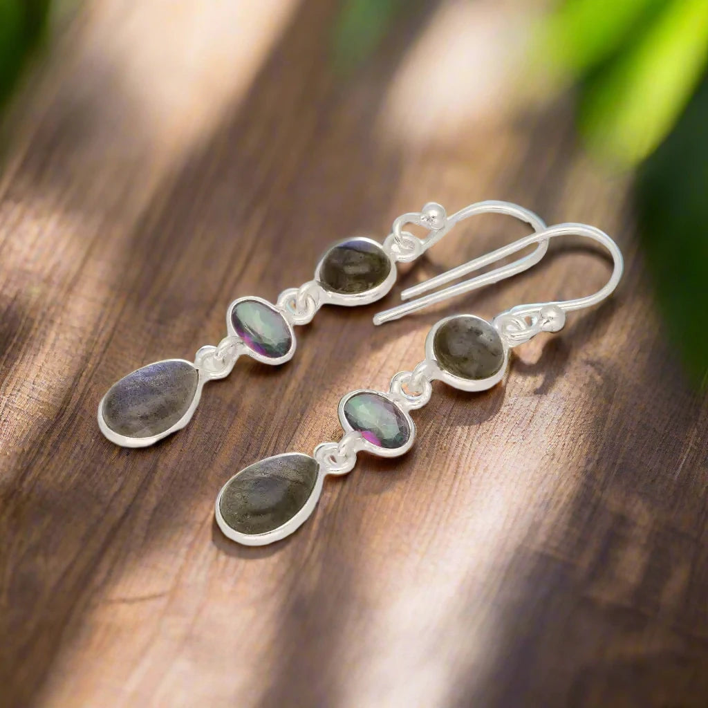 Buy your Lunar Trio: Labradorite & Mystic Topaz Silver Earrings online now or in store at Forever Gems in Franschhoek, South Africa