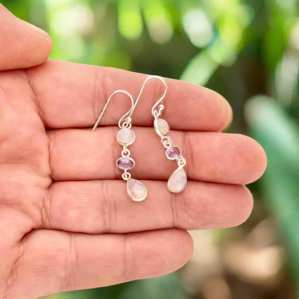 Buy your Lunar Trio: Moonstone & Amethyst Silver Earrings online now or in store at Forever Gems in Franschhoek, South Africa