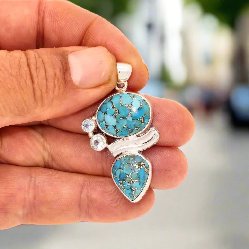 Buy your Wave & Wonder: Copper Turquoise & Blue Topaz Silver Pendant online now or in store at Forever Gems in Franschhoek, South Africa