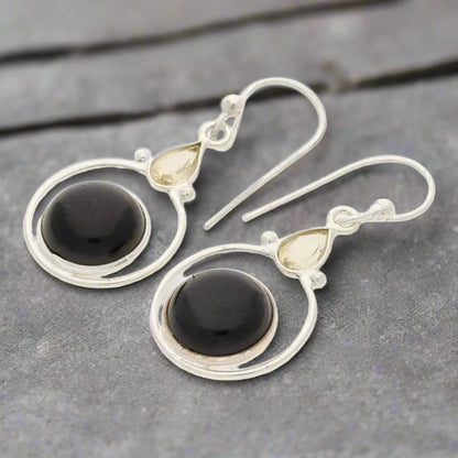 Rainbow Drops: Onyx & Citrine Earrings