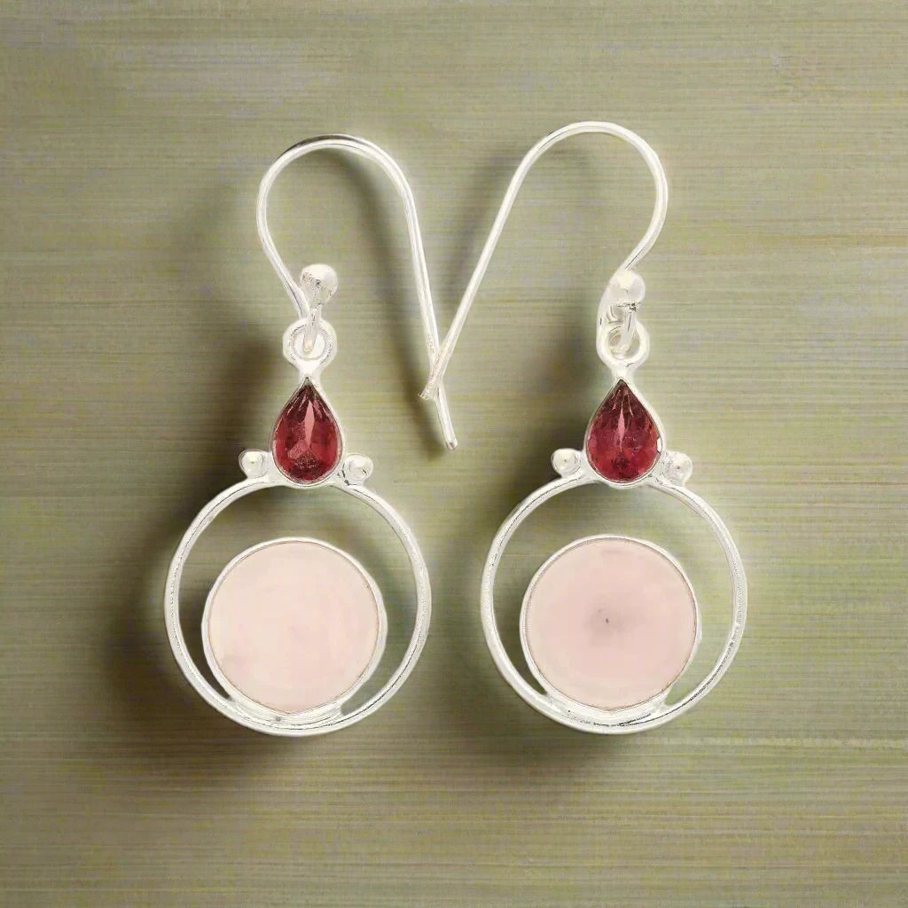 Rainbow Drops: Rose Quartz and Garnet Earrings