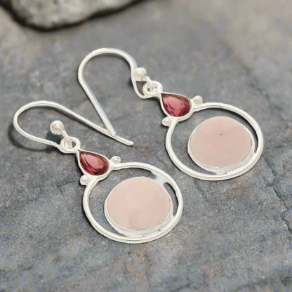 Rainbow Drops: Rose Quartz and Garnet Earrings