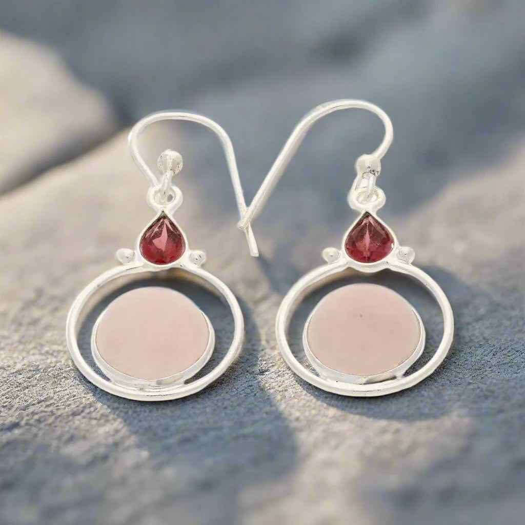 Rainbow Drops: Rose Quartz and Garnet Earrings