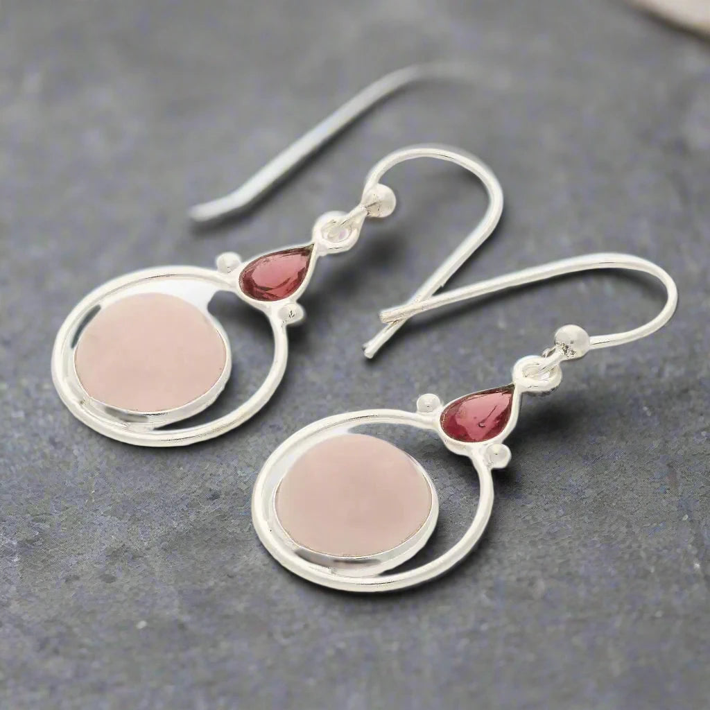 Rainbow Drops: Rose Quartz and Garnet Earrings