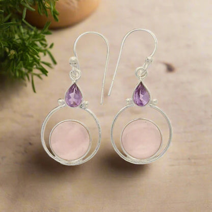 Rainbow Drops: Rose Quartz and Amethyst Earrings