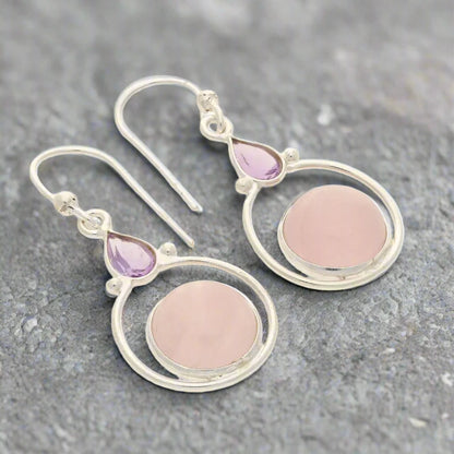 Rainbow Drops: Rose Quartz and Amethyst Earrings