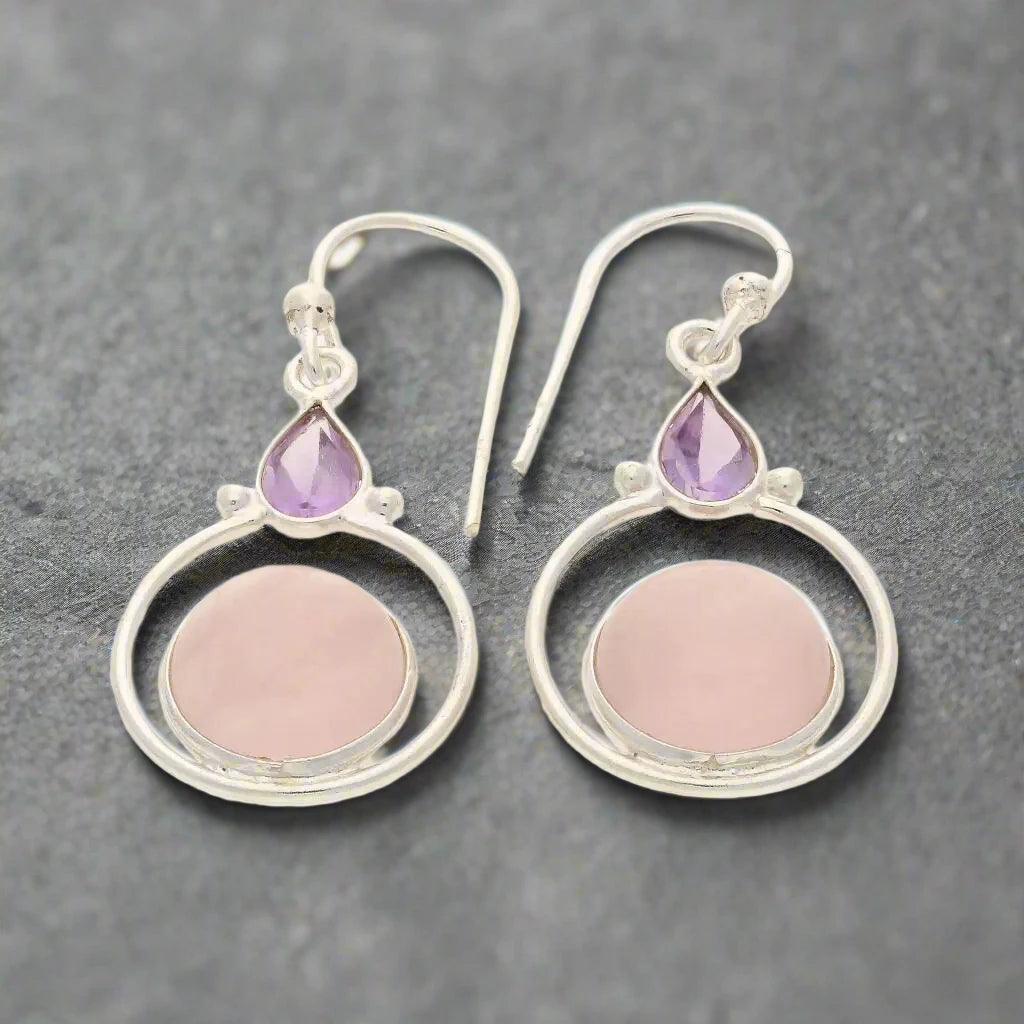 Rainbow Drops: Rose Quartz and Amethyst Earrings