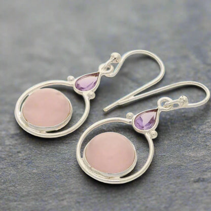 Rainbow Drops: Rose Quartz and Amethyst Earrings