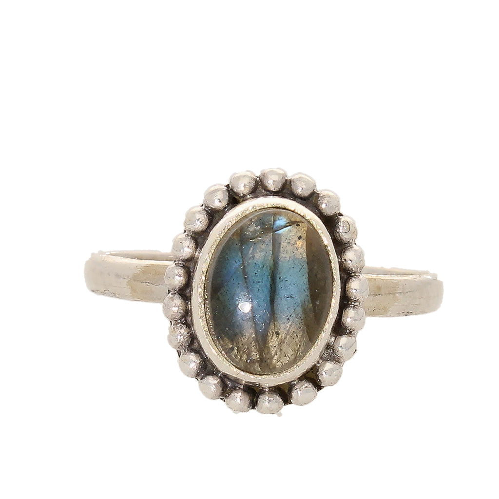 Buy your Enchanting Ballad: Oval Labradorite and Silver Ball Detail Ring online now or in store at Forever Gems in Franschhoek, South Africa