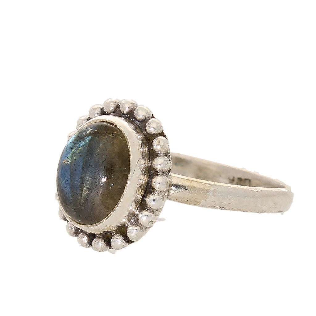 Buy your Enchanting Ballad: Oval Labradorite and Silver Ball Detail Ring online now or in store at Forever Gems in Franschhoek, South Africa