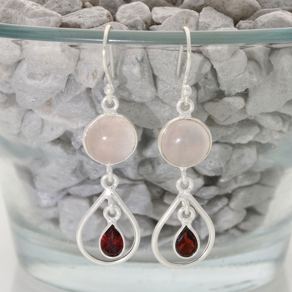 Buy your Gem Duets: Rose Quartz & Garnet Sterling Silver Earrings online now or in store at Forever Gems in Franschhoek, South Africa