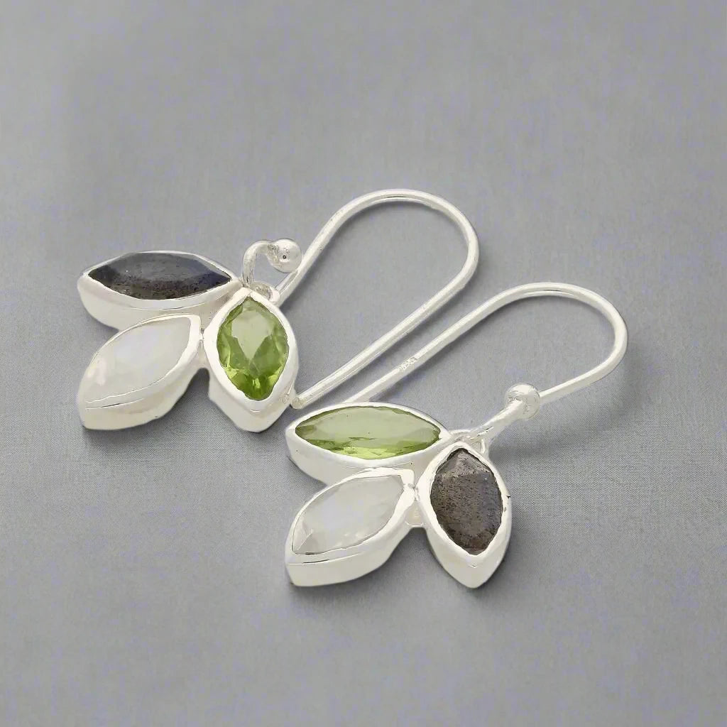 Buy your Shimmering Leaf: Moonstone Peridot & Labradorite Earrings online now or in store at Forever Gems in Franschhoek, South Africa