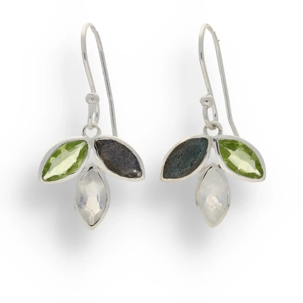 Shimmering Leaf: Moonstone Peridot & Labradorite Earrings